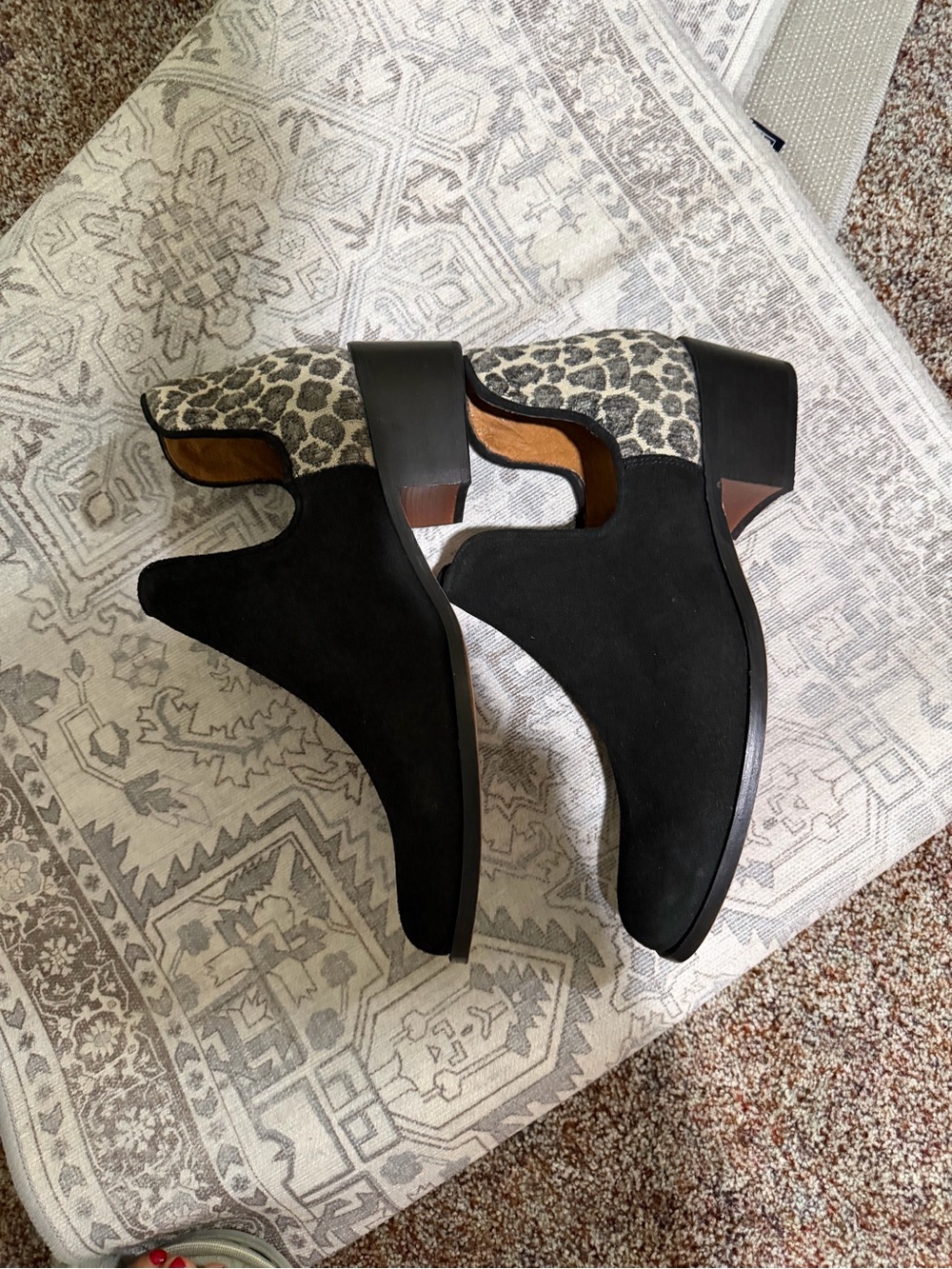 Black Suede Slip-On Ankle Booties Ladies Shoes with Leopard Tapestry Accent